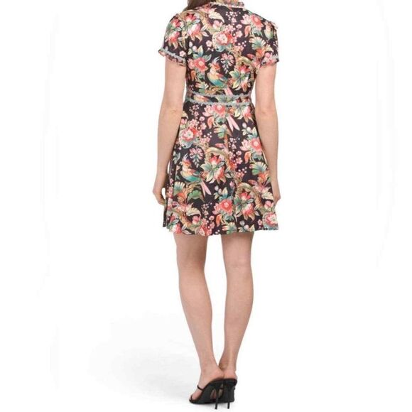 NWT Dalia MacPHee Floral Bow Tie Ruffle Front Floral Dress Size LARGE - Picture 2 of 6